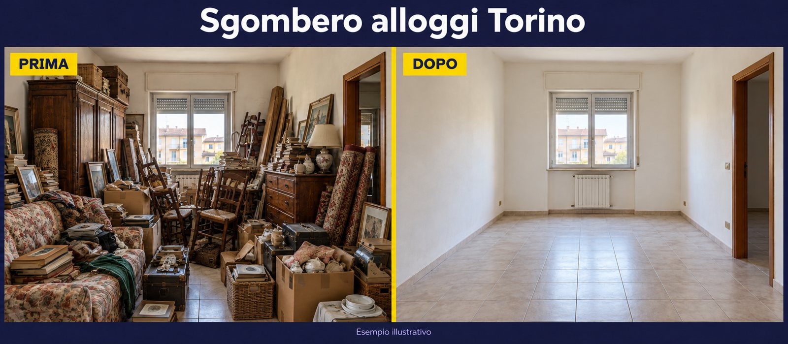Esempio illustrativo: alloggio con vecchi mobili prima dello sgombero e lo stesso ambiente vuoto dopo