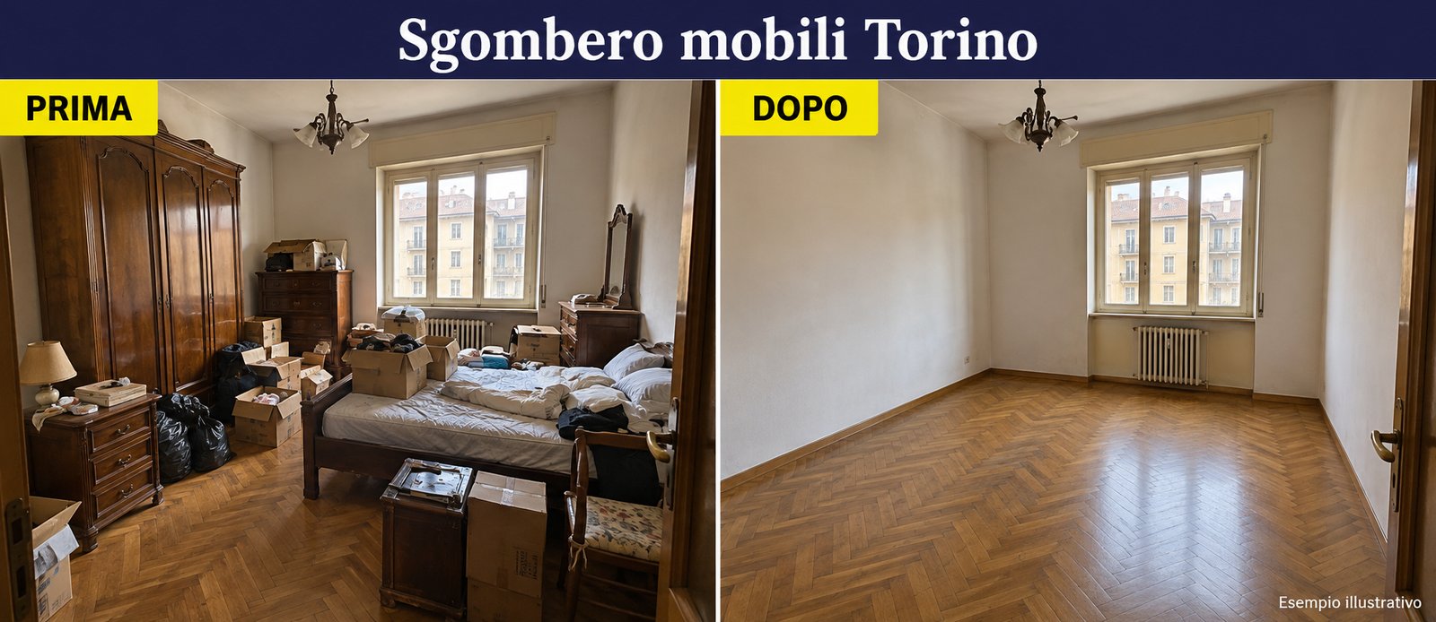Esempio illustrativo: camera con vecchio armadio, letto e mobili prima dello sgombero e lo stesso ambiente vuoto dopo.