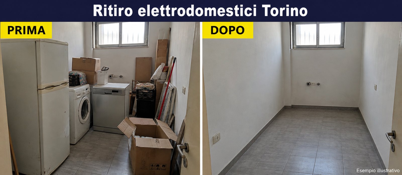 Esempio illustrativo: ripostiglio con frigorifero, lavatrice e oggetti prima del ritiro e lo stesso locale vuoto dopo.
